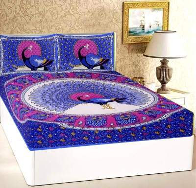 RajasthaniKart 104 TC Cotton Double Printed Flat Bedsheet(Pack of 1, Blue)