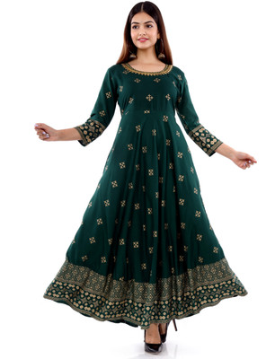 DOM Women Printed Anarkali Kurta(Dark Green)
