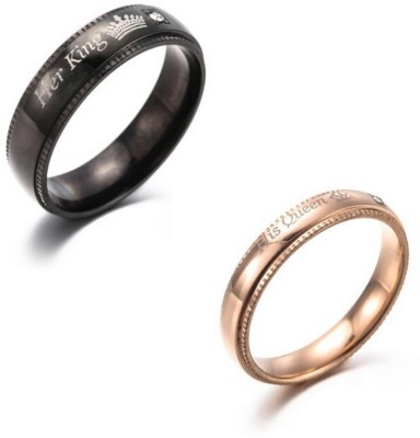 Jewelgenics Titanium Her King His Queen Stainless Steel Black Gold Couple Rings, Engagement, Valentine’s Day ring for Couples Stainless Steel Crystal Titanium Plated Ring Set