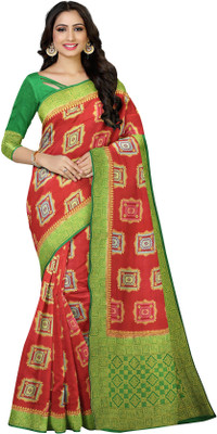 MIMOSA Floral Print Patola Art Silk Saree(Red)