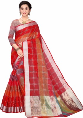 Leeza Store Checkered, Self Design, Solid/Plain, Striped, Woven Kota Doria Silk Blend, Polyester Saree(Red)