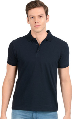 AWG Solid Men Polo Neck Dark Blue T-Shirt