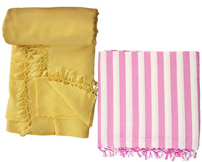 walk heart Striped Single Top Sheet for  AC Room(Cotton, PINK-YELLOW)