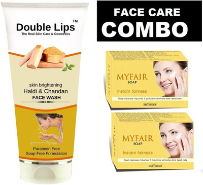 DOUBLE LIPS Face Care Haldi Chandan Face Wash (100 ml)+ Soap Instant Fairness (75 g)(2 PCS)(3 Items in the set)