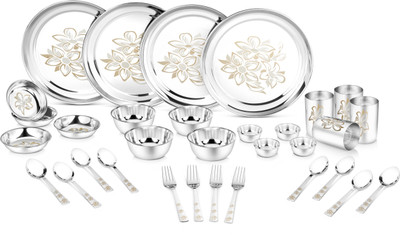 Classic Essentials Pack of 32 Stainless Steel Stainless Steel Glory Dinner set ,32-Pieces,Silver -Heavy Gauge with Permanent Laser Design Dinner Set