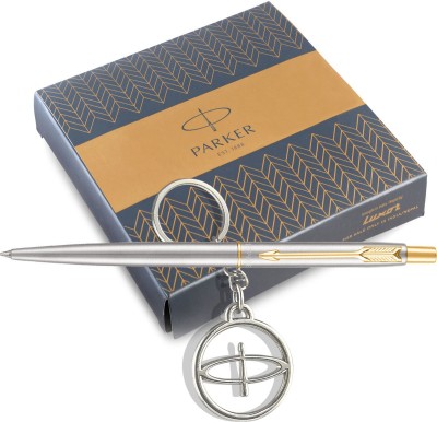 PARKER Classic Stainless Steel ball pen with Gold trim + Parker keychain Pen Gift Set(Blue)