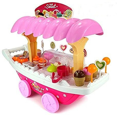 Pulsbery Ice Cream Sweet Candy Cart Playset Toy with Lights and Music, Candy Muffin Cake Sweet Shopping Cart