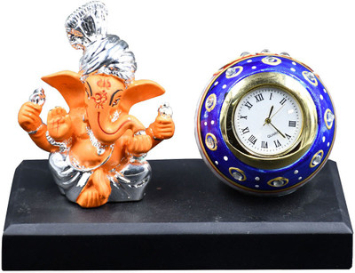 Natali Traders Natali Decorative Cute Lord Ganesha Statue with Round Shape Table Top Watch for Home Decor, Kitchen, Living Room, Mandir, Temple Showpiece, Office Desk, Study Table, Car Dashboard, Housewarming, All Purpose Decorative Showpiece - 9 cm(Polyresin, Multicolor)