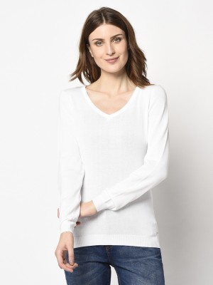 98 Degree North Solid V Neck Casual Women White Sweater