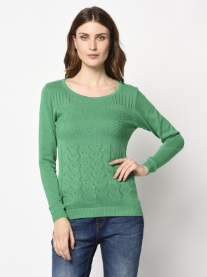 98 Degree North Self Design Round Neck Casual Women Green Sweater