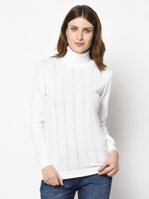 98 Degree North Striped Turtle Neck Casual Women White Sweater