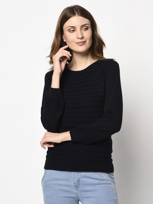 98 Degree North Solid Round Neck Casual Women Black Sweater