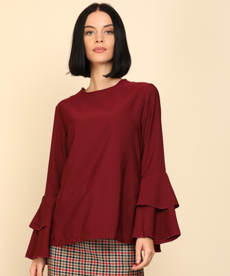 Tokyo Talkies Casual Layered Sleeve Solid Women Maroon Top