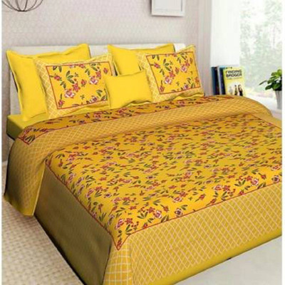 E ELMA Cotton Double Flat 150 TC Printed Bedsheet(Pack of 1, Yellow)