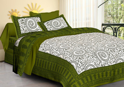 Hasthrachna 144 TC Cotton Double Jaipuri Prints Flat Bedsheet(Pack of 1, Green)