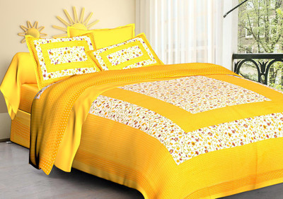 Hasthrachna 144 TC Cotton Double Jaipuri Prints Flat Bedsheet(Pack of 1, Yellow)