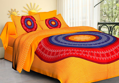 Hasthrachna 144 TC Cotton Double Jaipuri Prints Flat Bedsheet(Pack of 1, Yellow)