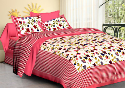 Hasthrachna 144 TC Cotton Double Jaipuri Prints Flat Bedsheet(Pack of 1, Pink)