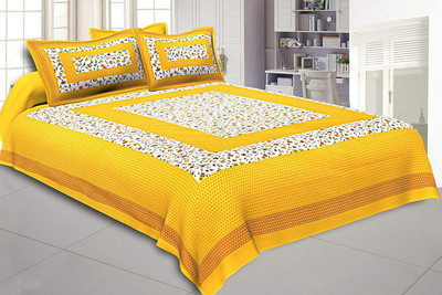 E ELMA Cotton Double Flat 150 TC Printed Bedsheet(Pack of 1, Yellow)