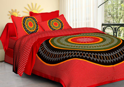 Hasthrachna Cotton Double Flat 144 TC Jaipuri Prints Bedsheet(Pack of 1, Red)