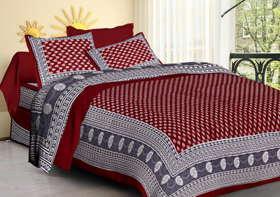 Hasthrachna 144 TC Cotton Double Jaipuri Prints Flat Bedsheet(Pack of 1, Maroon)
