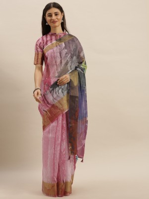 BOVTY Printed Bollywood Linen Saree(Pink)