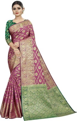 AVIYOM Self Design Kanjivaram Pure Silk, Art Silk Saree(Green, Pink)