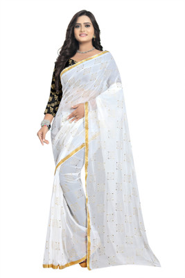 REDFISH Self Design Bollywood Chiffon Saree(White)