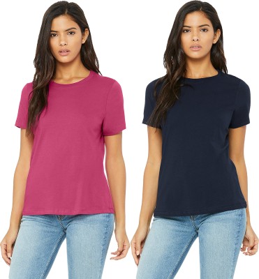 BLANCD Solid Women Round Neck Dark Blue, Pink T-Shirt