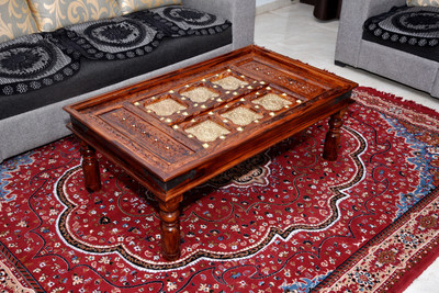 Advika Handicraft Sheesham wood Brass Mor Patda Design Solid Wood Coffee Table With 8 MM Glass Solid Wood Coffee Table(Finish Color - Brown, DIY(Do-It-Yourself))