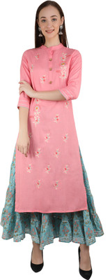 his&her Women Embroidered Straight Kurta(Pink)