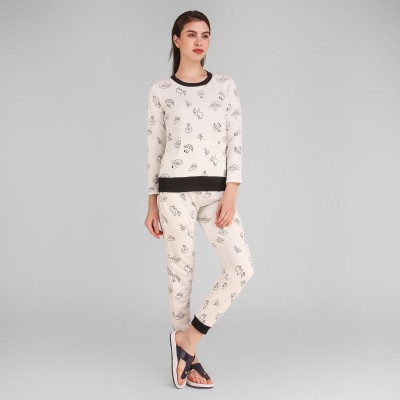Trendy World Women Printed White, Black Top & Pyjama Set