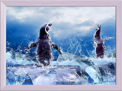 Artzfolio ArtzFolio Penguin On The Ice In Water Drops D2 Tabletop Painting White Frame 10.8inch x 8inch (27.4cms x 20.3cms) Digital Reprint 8.5 inch x 11.3 inch Painting(With Frame)