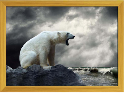 Artzfolio ArtzFolio White Polar Bear Hunter On The Ice In Water Drops D1 Tabletop Painting Golden Frame 13.6inch x 10inch (34.5cms x 25.4cms) Digital Reprint 10.5 inch x 14.1 inch Painting(With Frame)