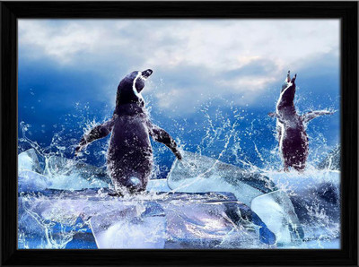 Artzfolio ArtzFolio Penguin On The Ice In Water Drops D2 Tabletop Painting Black Frame 10.8inch x 8inch (27.4cms x 20.3cms) Digital Reprint 8.5 inch x 11.3 inch Painting(With Frame)