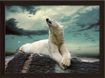 Artzfolio ArtzFolio White Polar Bear Hunte Canvas Painting Dark Brown Wooden Frame 22inch x 16inch (55.9cms x 40.6cms) Digital Reprint 16.5 inch x 22.5 inch Painting(With Frame)