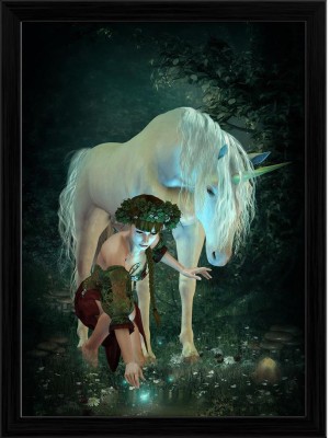 Artzfolio ArtzFolio Girl & a Unicorn Watching Fireflies at a Pond Tabletop Painting Black Frame 10inch x 13.5inch (25.4cms x 34.4cms) Digital Reprint 10.5 inch x 14 inch Painting(With Frame)