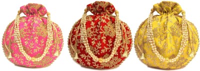 athizay 3 Pcs Potli bags ( Pink,Red,yellow Potli bags Combo ) for women handbags traditional Indian Wristlet with Drawstring Ethnic Embroidery Women Fashion Potli Potli(Pack of 3)