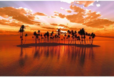 Artzfolio Coconut Palms At Red Sunset Rays Over Tropic Atoll Unframed Premium Canvas Painting 30inch x 20inch (76.2cms x 50.8cms) Digital Reprint 20.5 inch x 30.5 inch Painting(With Frame)