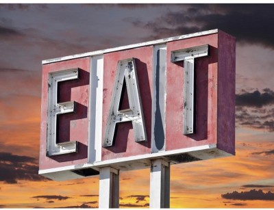 Artzfolio 81.28 cm Retro Faded Eat Sign With Sunset Sky Peel & Stick Vinyl Wall Sticker 32inch x 24inch (81.3cms x 61cms) Self Adhesive Sticker(Pack of 1)