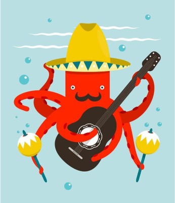Artzfolio Macho Moustache Octopus Playing Guitar Unframed Premium Canvas Painting 36inch x 41.7inch (91.4cms x 105.9cms) Digital Reprint 36.5 inch x 42.2 inch Painting(With Frame)
