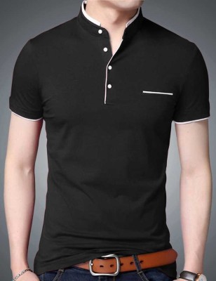 Try This Solid Men Mandarin Collar Black T-Shirt