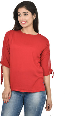 Vrnda Casual 3/4 Sleeve Solid Women Red Top