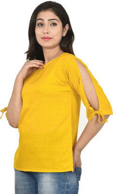 Vrnda Casual 3/4 Sleeve Solid Women Yellow Top
