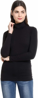Silcoba Solid Women High Neck Black T-Shirt