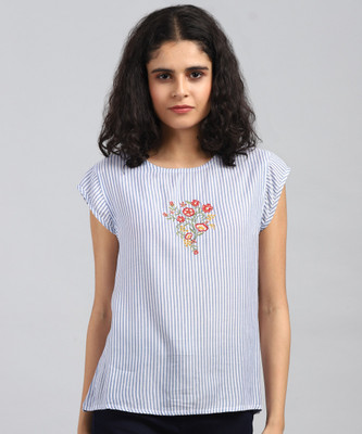 Ann Springs Casual Cap Sleeve Striped Women White, Blue Top