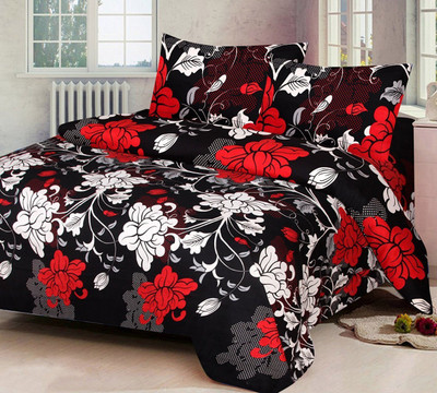 PAWAR Cotton Double Flat 152 TC Printed Bedsheet(Pack of 1, Red, Black)