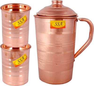 Shivshakti Arts Pure Copper Jug / Pitcher with 2 Glasses - Drinkware Set - Silver Touch Design - (Capacity = 1.5 - Liter) - 3 Pieces Set Jug Glass Set(Copper)