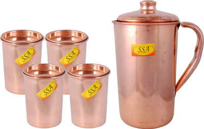 Shivshakti Arts Plane Shinee Design Pure Copper Jug / Pitcher With 4 Glasses - Drinkware Set - ( Capacity - 2.2 Liter ) - 5 Pieces Set Jug Glass Set(Copper)