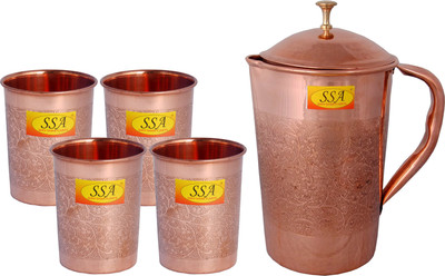 Shivshakti Arts Designer Eatching, Embossed Design Pure Copper Jug Glasses Set | Drinkware Set- ( Capacity - 1.6 Liter ) - 5 Pieces Set Jug Glass Set(Copper)